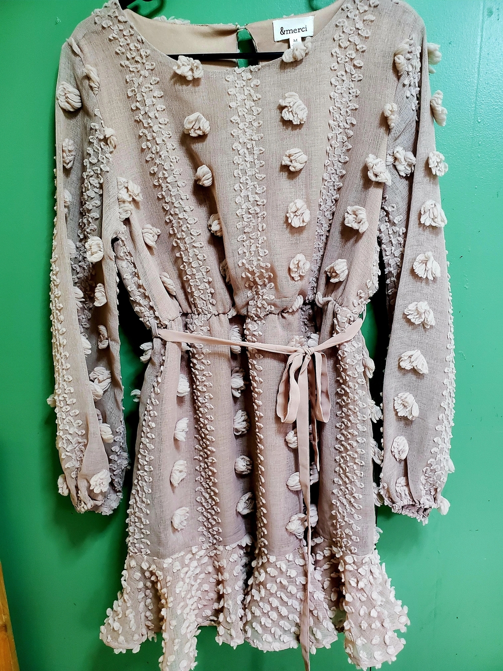 &merci Blush Taupe Textured Pom Pom Dress